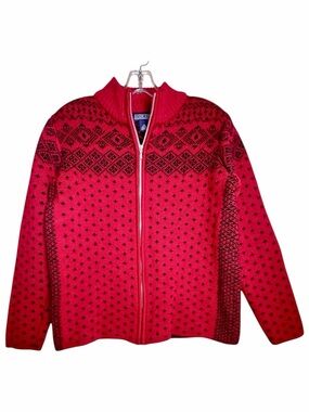Lands End 100% Wool Fair Isle Nordic Full Zip Sweater Red Black Small
